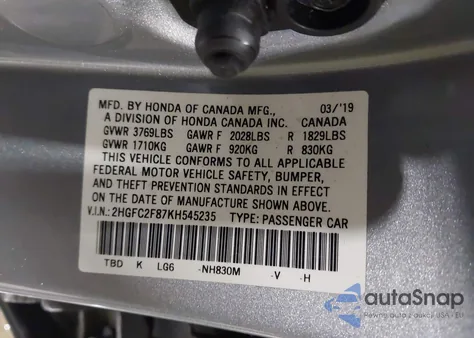 2019 Honda Civic Sport z USA, uszkodzony, nr VIN 2HGFC2F87KH545235